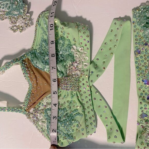 Solo custom dance costume leotard 2 piece mint green rhinestoned LC child - Picture 12 of 13